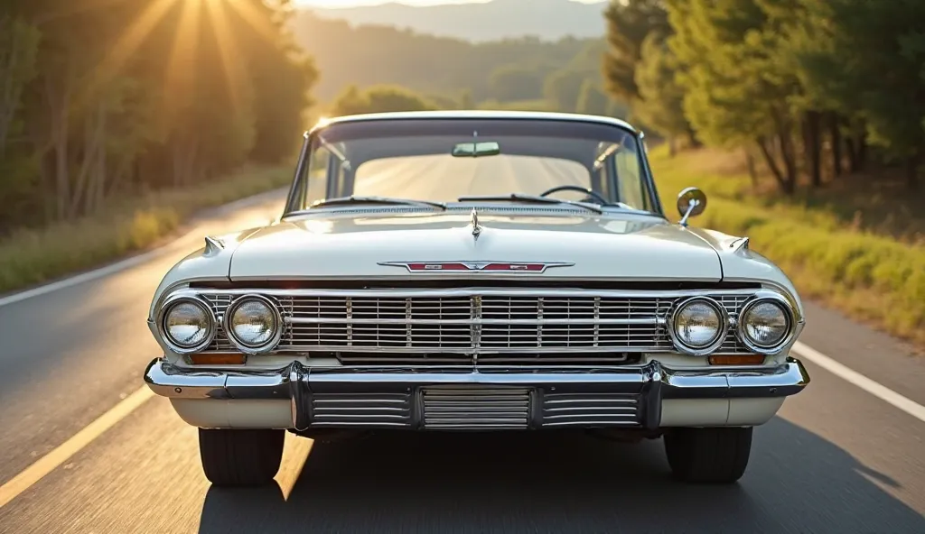 1963 Chevrolet car white shine front view on road 