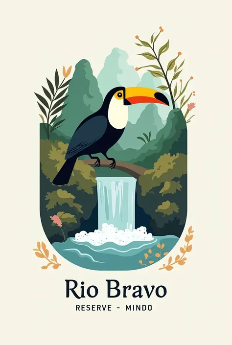 Create a modern and elegant logo for an ecological reserve, located in a subtropical forest in Ecuador, containing the title : "Rio Bravo Reserve - Mindo" And that a waterfall and a toucan appear.
