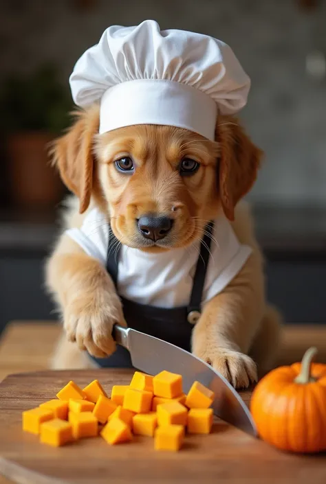 "A cute golden retriever puppy wearing a chef apron, slicing a small pumpkin into cubes on a wooden cutting board."