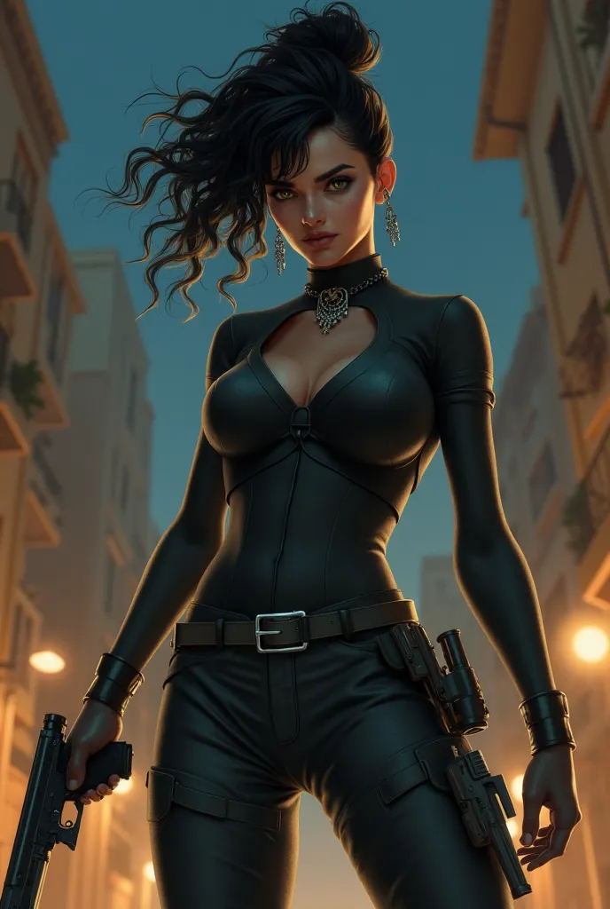 Arab woman,  intimidating look , yellowish eyes, curly black hair tied, Wearing a close-fitting outfit, holding a pistol with a silencer and a knife in the leg support, The night above the building realistic image
