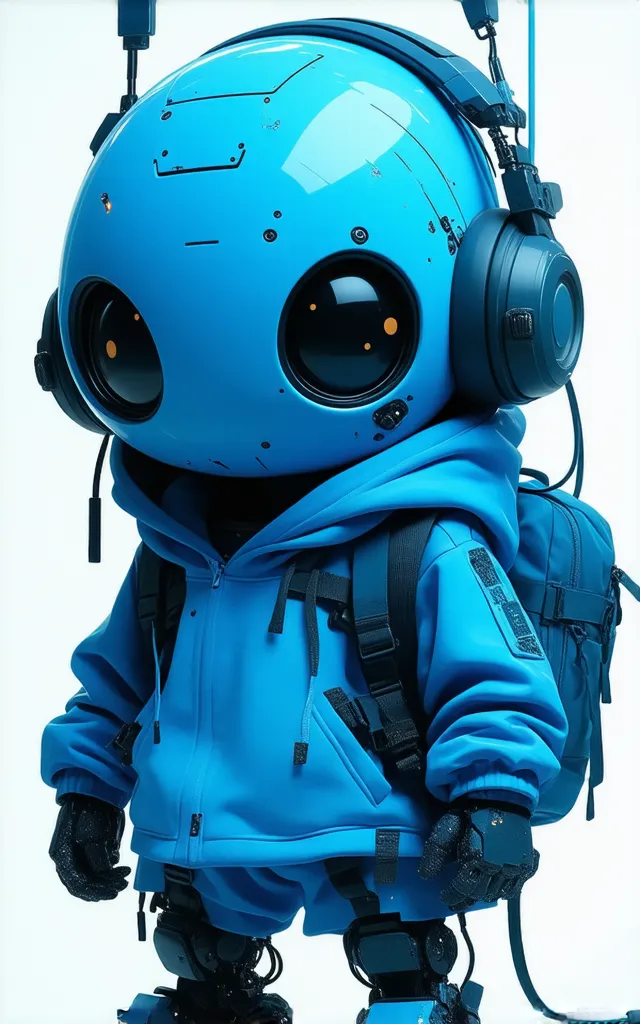 A futuristic, robotic character with a cute yet eerie appearance, designed in a detailed, high-quality 3D render. The character is entirely in a weathered blue tone, with a large round head, black X-shaped eyes, and a small gas mask-like mouthpiece. It wea...