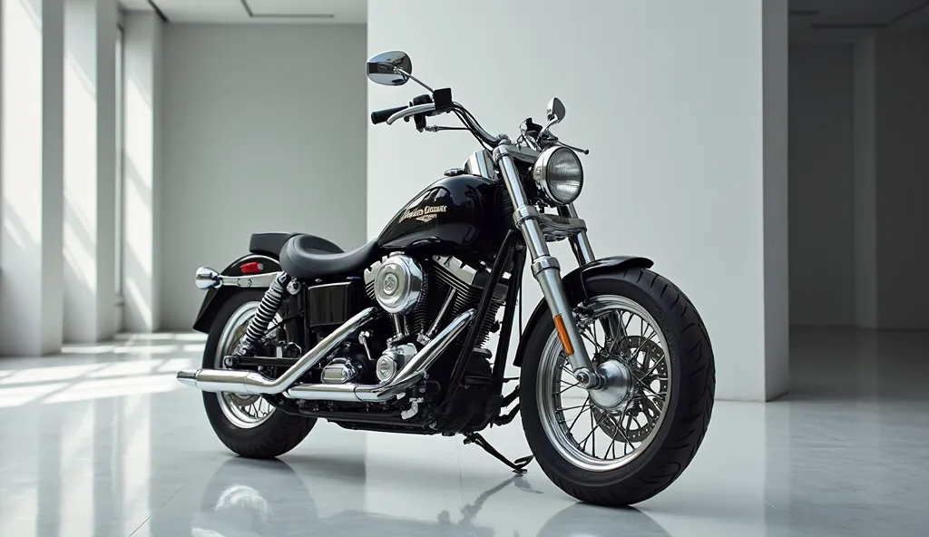 A photo of the front view of a(1966 Harley Davidson dyna wide glide) with (lomen shiny) paint in a showroom. The motorcycle is parked in showroom. Background white and grey The lighting is soft