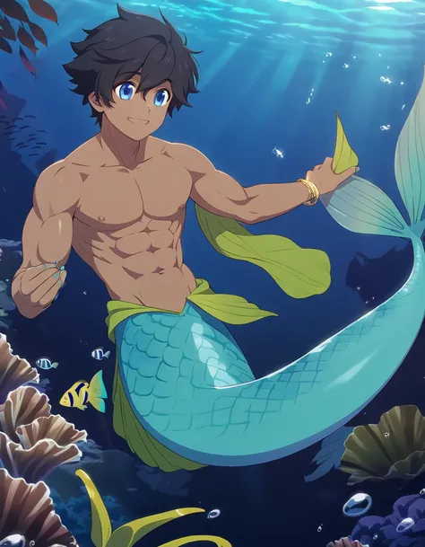 Solo, alone, male merman, tanned skin, green merman, blue eyes, black hair, sea, under deep sea, smile, male chest, abs,