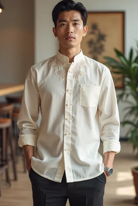 A person wearing mandarin collar linen shirts