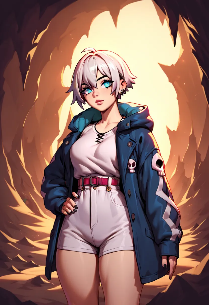  masterpiece,best quality,is very beautiful，1 girl with a finger on the back of her sleeve, alone, White_jacket, Too big _clothes, high-resolution，anime_style,white_hair,emotionless_expression,white_oversize_coat_with_green_glowing_lines,thick_thighs,meaty...