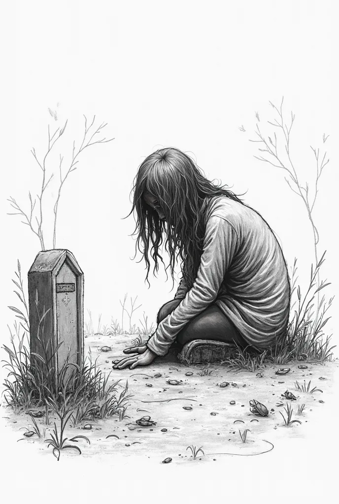 A sketch drawing of someone crying in a grave