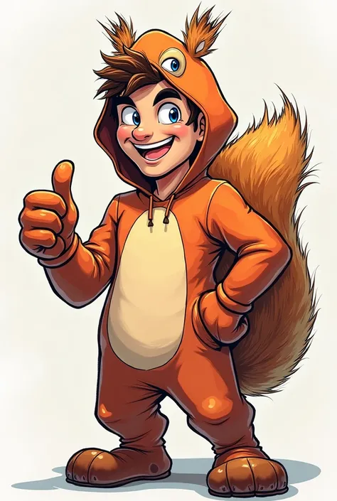 A comicbook style image of a human Man smiling and giving a thumbs up wearing a Squirrel jumpsuit hoodie with han face exposed and a tail just like Mario