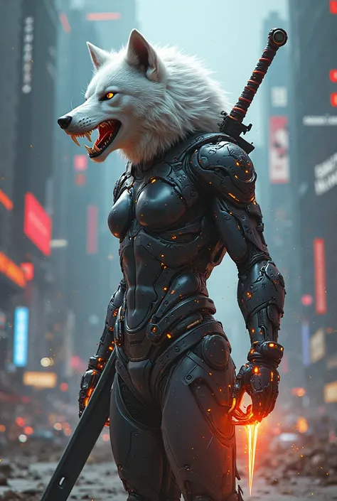 Cyberpunk human with the head of a white wolf with a wide sword behind his back and fiery claws