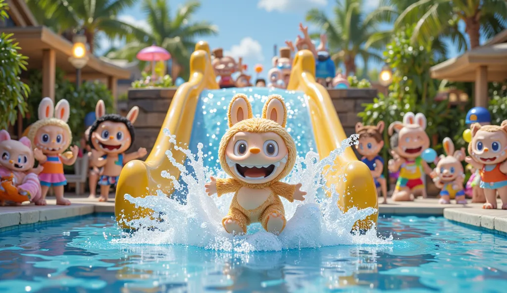 "Labubu and friends are having fun at the swimming pool. Labubu is joyfully sliding down a big water slide, splashing into the pool with excitement. His friends are cheering and playing around, enjoying the refreshing water and various pool attractions. Th...