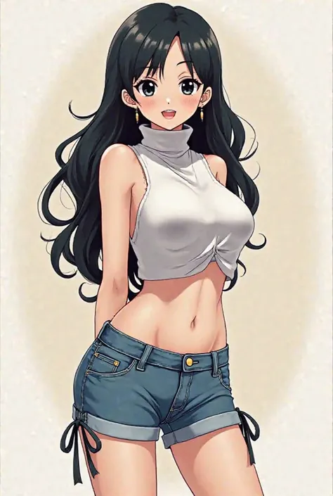 Mujer anime one piece panel, wavy black hair,  black eyes, round pink lips, parts,  pale skin , big breasts, small waist,  FLAT ABDOMEN , Hips like the body of a pear, espadachina, with a loose turtleneck, short denim shorts with ties and black boots