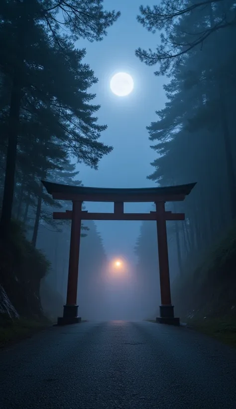 A mystical Japanese torii gate standing in the middle of a misty mountain path, surrounded by ancient cedar trees. The scene is bathed in soft moonlight, with a faint glow emanating from the gate. The atmosphere is serene yet mysterious, evoking the spirit...