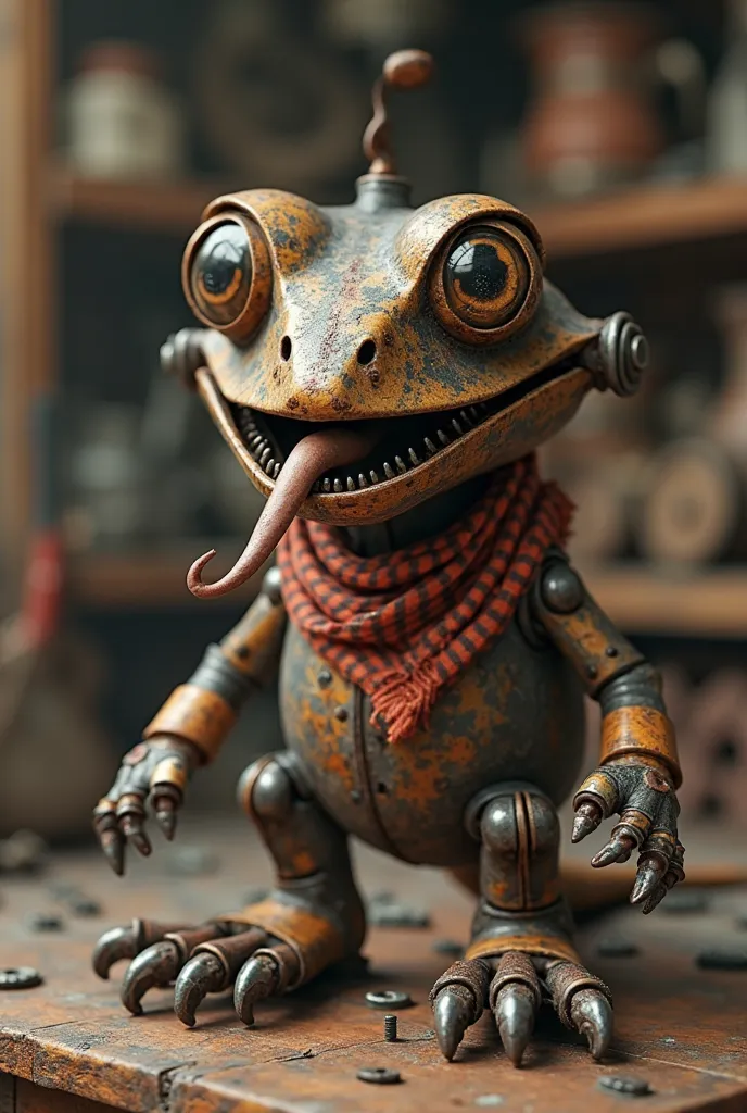 A hyper-realistic, ultra-high-definition 4K render of a bizarre yet charming creature, a vintage lizard made entirely of old, corroded metal. Its body is primarily composed of weathered, rusted metal plates, with a slightly dulled, worn texture, showcasing...