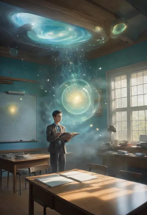 Creates a surrealistic illustration of a transfer student, merging realistic elements with fantastic details. The figure is shown in a classroom that seems to float in an ethereal space, with floating lights, elongated shadows and unusual colors that hint ...