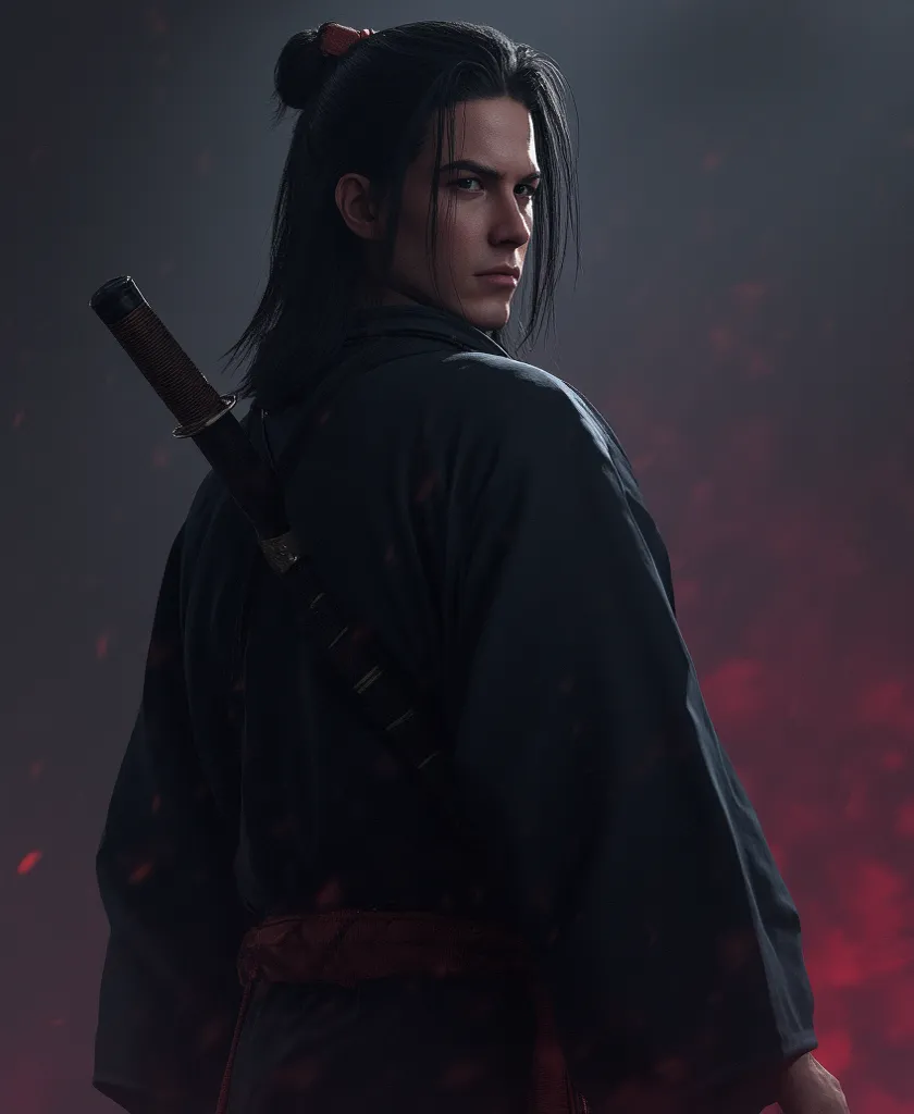 1 boy, solo, long hair, Japanese clothing, black clothing, samurai, wearing hakama, holding weapon, charming illustration portrait, digital art styledigital art, intricate details, 8K, photo-realistic, professional, masterpiece, ultra-detailed, studio ligh...