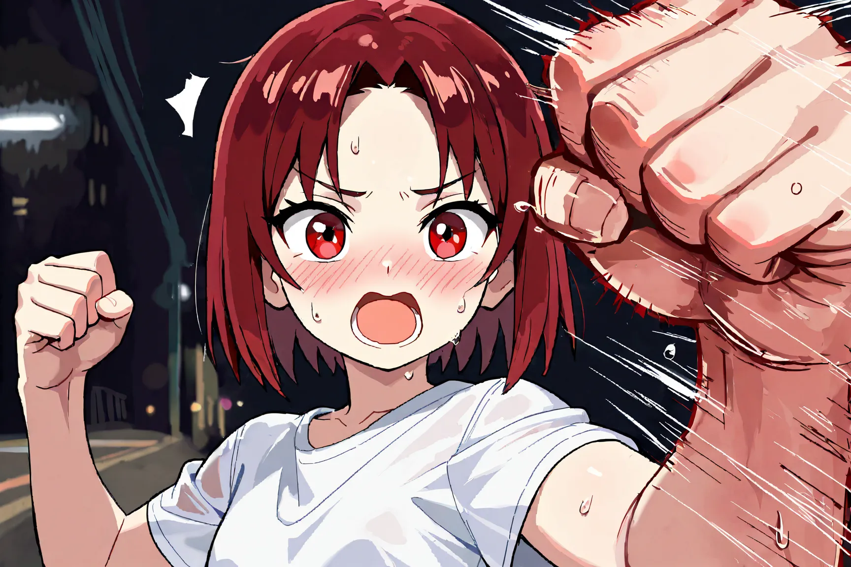 girl, fair skin, short hair, straight hair, dark red hair, parted bangs, ear, red eyes, joy, open mouth, in plain white t shirt with no logo and denim hot pants, sweat, punching a giant tofu, both fists visible, bloodshed, in the indian street, 
High Resol...