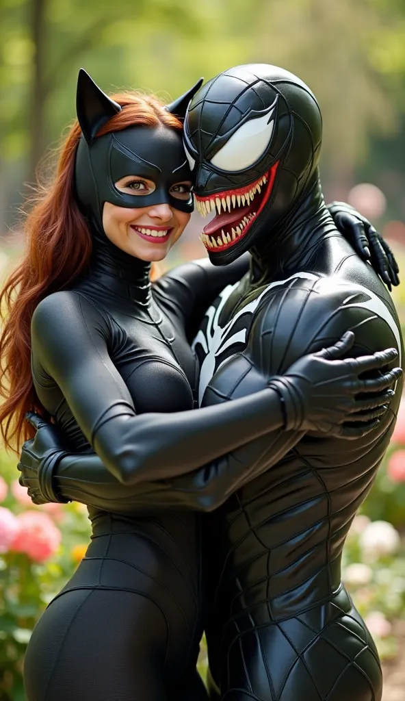 The two characters hugging each other tightly are in an outdoor environment which is a bright and colorful garden.

The character on the left is wearing a black catsuit themed tight catsuit with a mask that has cat ears and has a big smile facial expressio...