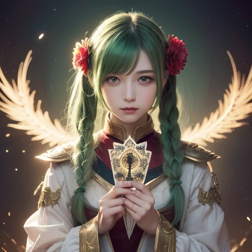 (Masterpiece,  top quality,  best quality ,  Official Art,  beautiful and aesthetic:1.2), ( 1 girl:1.3), ( Fractal Art :1.3), card, Tarot,  green hair,  twin tails,  hair flower, ( good lighting :1.1), (( high resolution)), Tarot card style