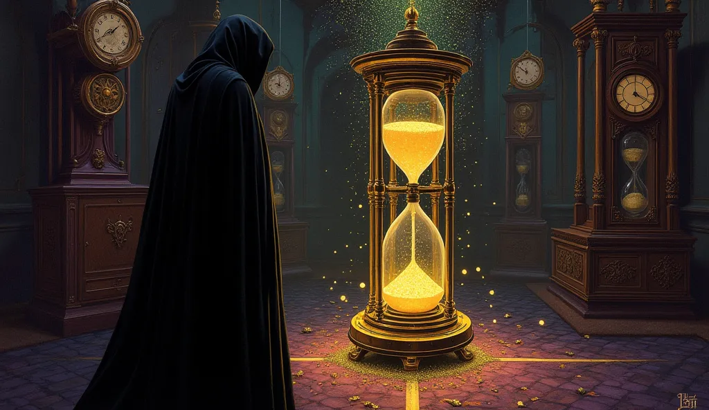 a silhouette of a cloaked figure against a glowing hourglass filled with golden sand, set in a dark, atmospheric room adorned with antique clocks. The lighting is dim, punctuated by the warm glow of the hourglass, creating a mystical ambiance. The composit...