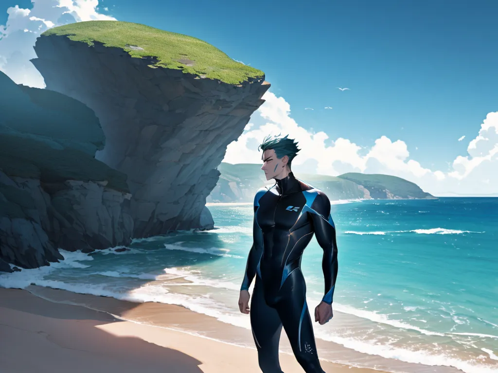 merfolk man wearing lycra on the beach
