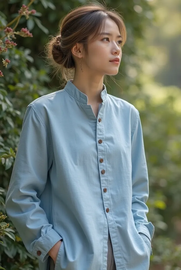 One person Wearing light blue linen shirt Mandarin collar Brown buttons