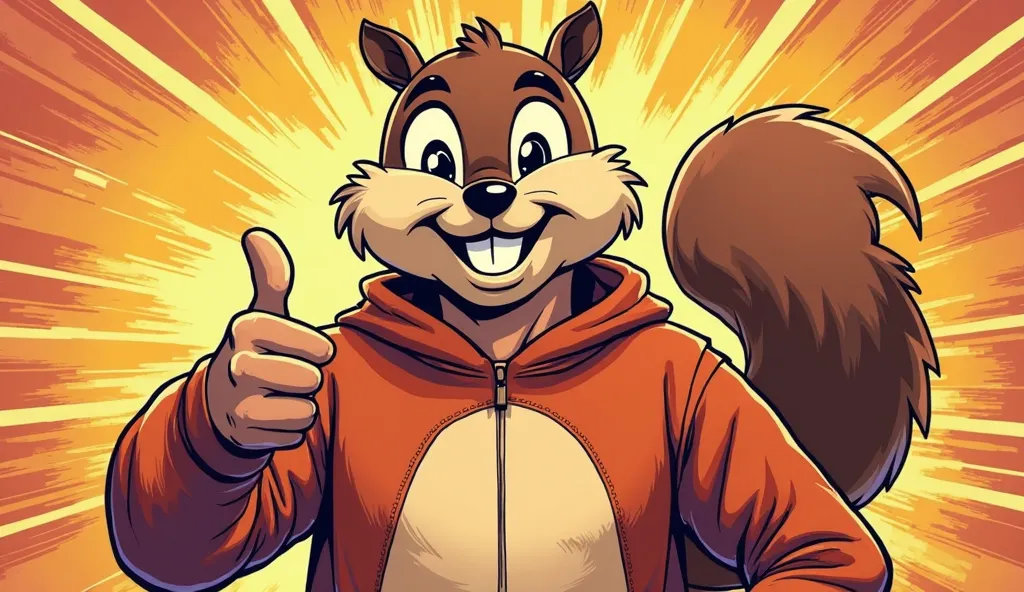 A comicbook style image of a human Man with a soul patch, smiling and giving a thumbs up wearing a Squirrel jumpsuit hoodie with han face exposed and a tail just like Mario