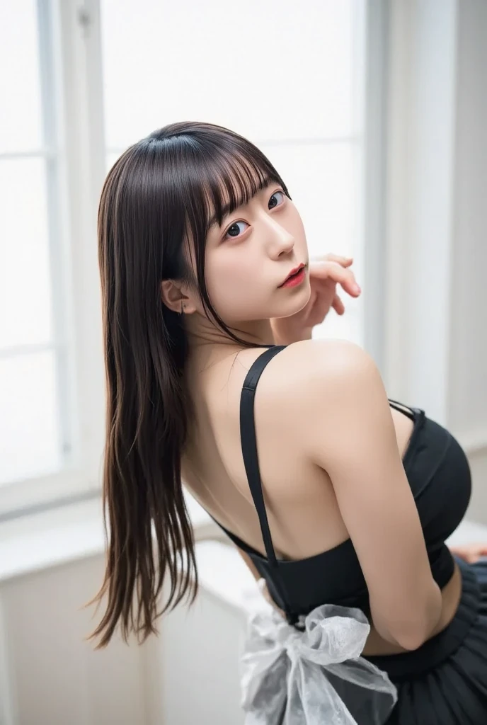   black hair、(bangs:1.3)、( Straight Long Hair )、( Whitening:1.4)( white skin:1.4)(big breasts:1.3)、(black bra:1.3)、(bedroom)、on the bed、raise your arms and show your sides、、(staring at the camera:1.5)、(semen:1.3)( oily skin:1.3) lying on the bed,  face dow...