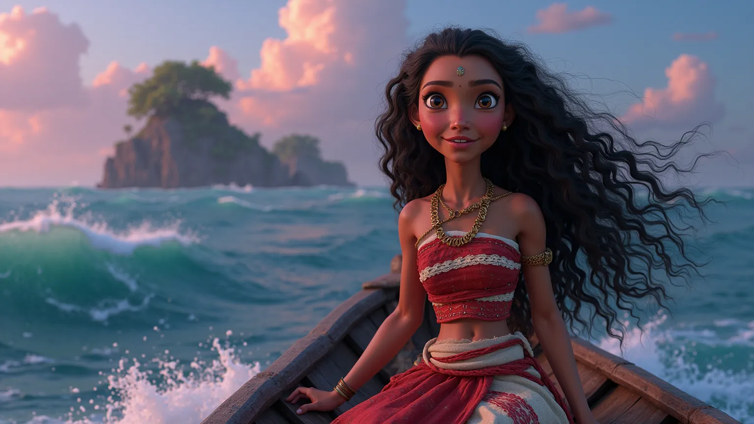 4K, 8K resolution hyper-realistic images, Disney-style Moana images, long curly hair with pure white dark skin, detailed skin expression is important, wearing traditional clothes decorated with intricate red and white details, it is important to show the c...