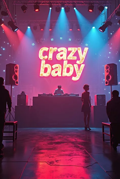 Title word "CRAZY BABY" written over the picture. Write in some Lava style. There is a dancing floor with neon lights background, Where DJ, big speakers, headphones and big lights. There should no human.