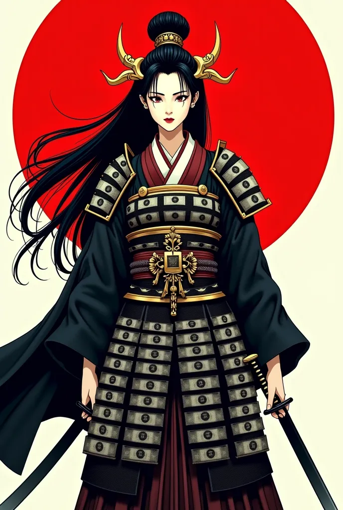 Japanese geisha、A samurai with long black hair
・Armor adorned with luxurious money decorations
・Holding two swords
・A large red circle in the background（sun）A pattern drawn with a Japanese brush, a cape and hair fluttering in the wind,、Hall々A strong postur...