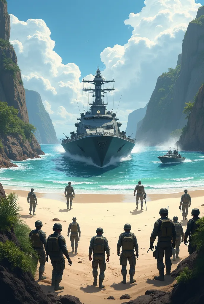 Military ship and land car with soldiers on the beach