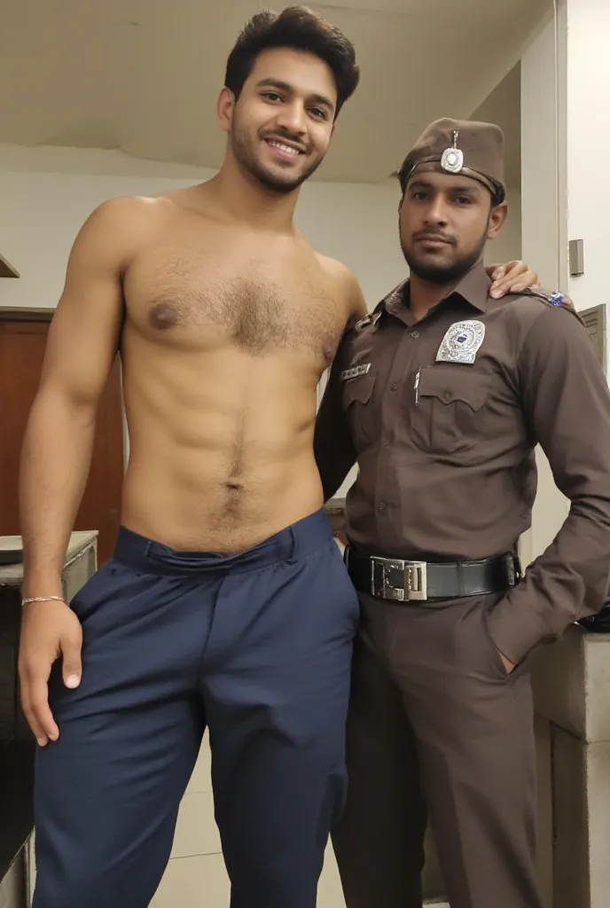 Two gay South Indian Tamil hot adult brown handsome man with hot muscular body wear half button open Indian brown police dress in the police station romance smile, hold hand on shoulder, horny face reaction 