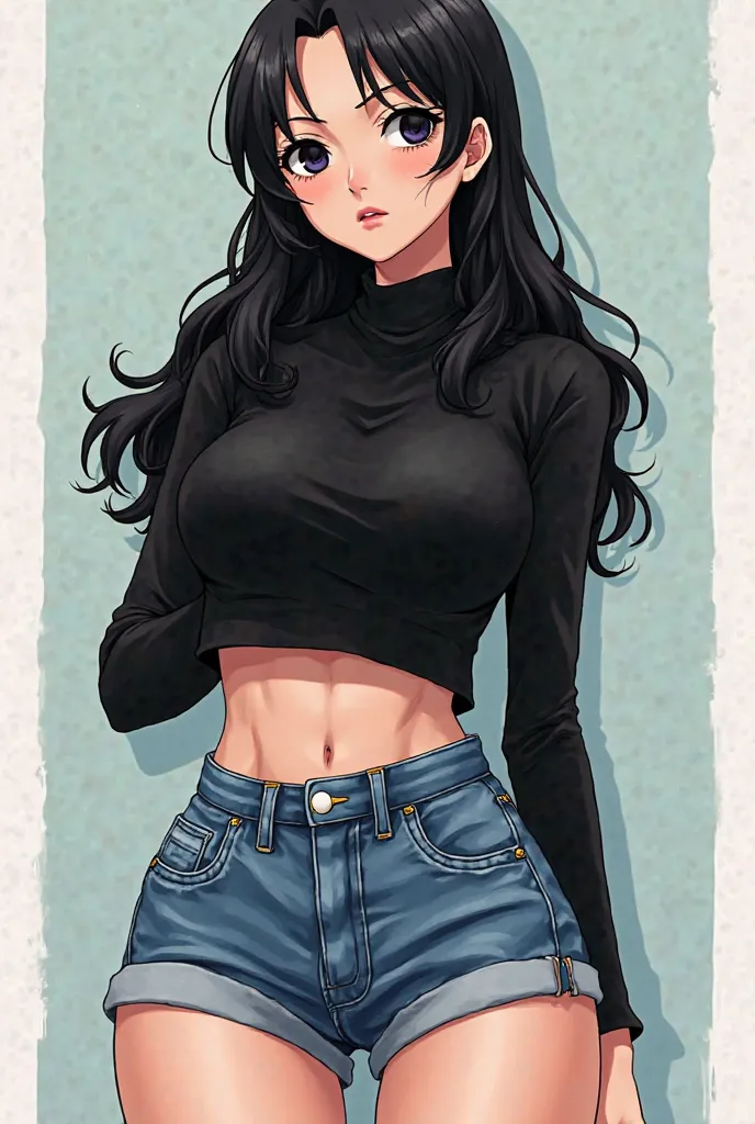 Mujer de one piece anime one piece piratas,  long wavy black hair, round black eyes with long eyelashes, parts,  pale skin ,  FLAT ABDOMEN , waist and pear body, delicate shoulders,big breasts, long loose-fitting black turtleneck, fitted denim shorts and c...