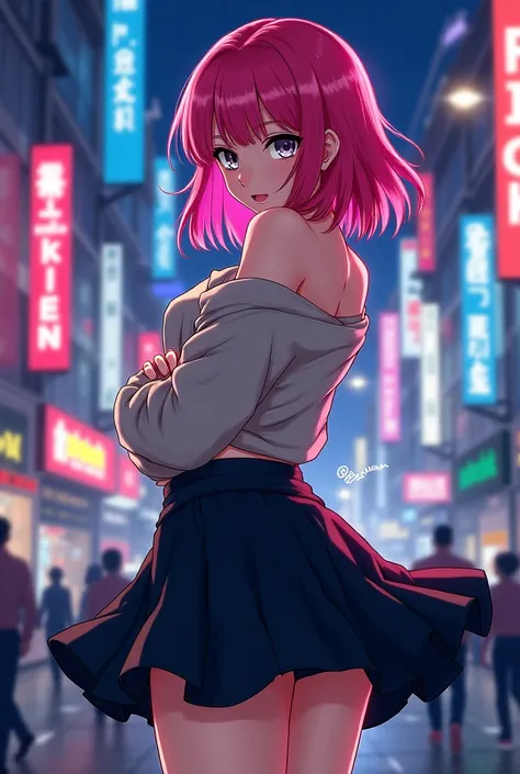 Manga character girl beautiful beautiful beautiful beautiful beautiful and sexy pink hair and gray eyes free and black skirt that hides big buttocks and twerk and a sweater around A city at night 