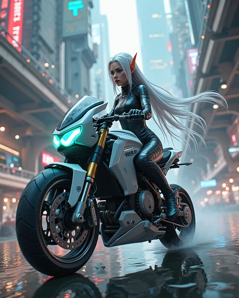 An elf girl in a cyberpunk world on a motorcycle 