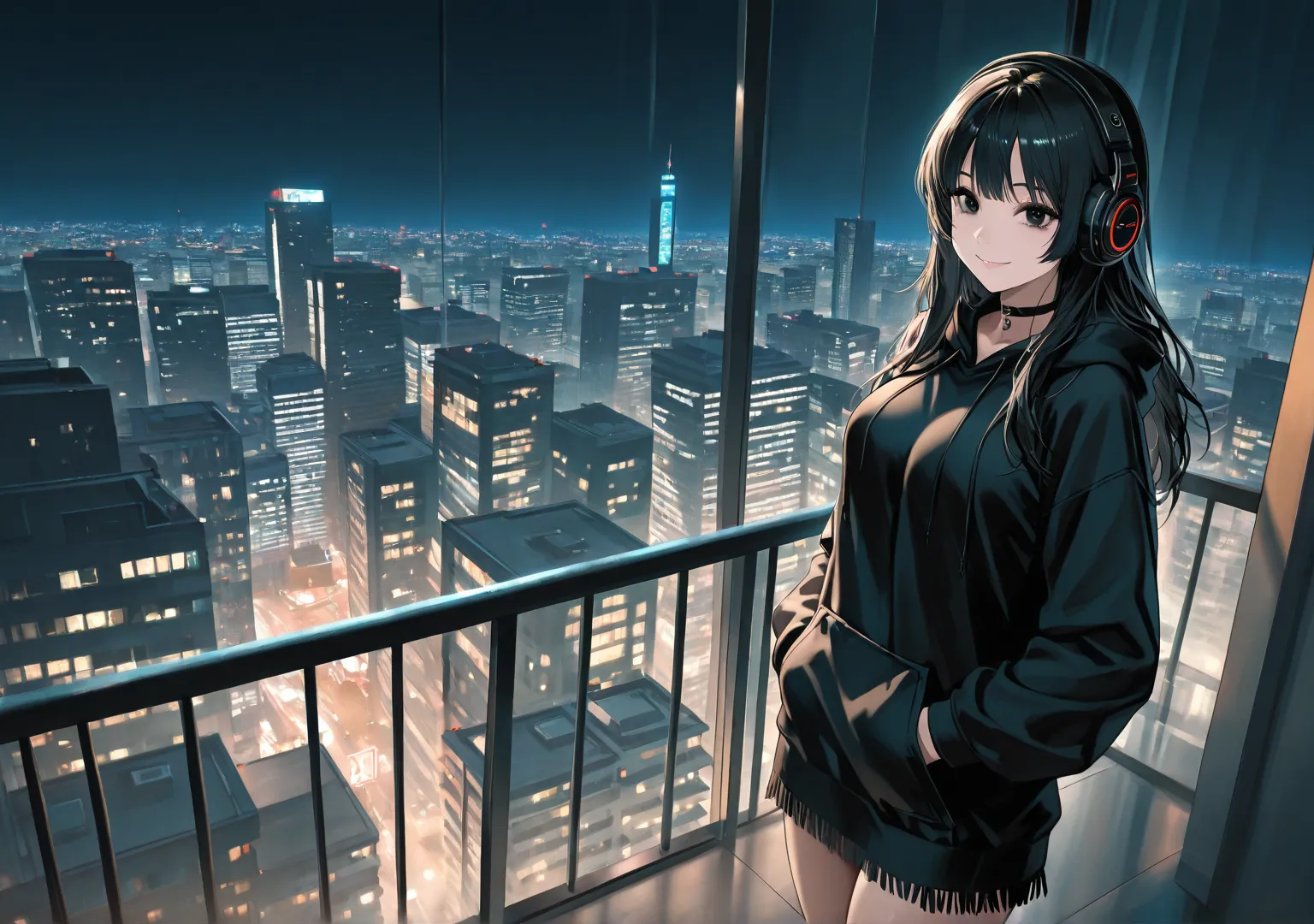 gothic girl, medium breasts, thighs, black hair, long hair, fringe, black eyes, black nails, choker, wearing only black long large hoodie, black headphones, hands in pocket, balcony of an apartment in the city center, night, illuminated city, smile