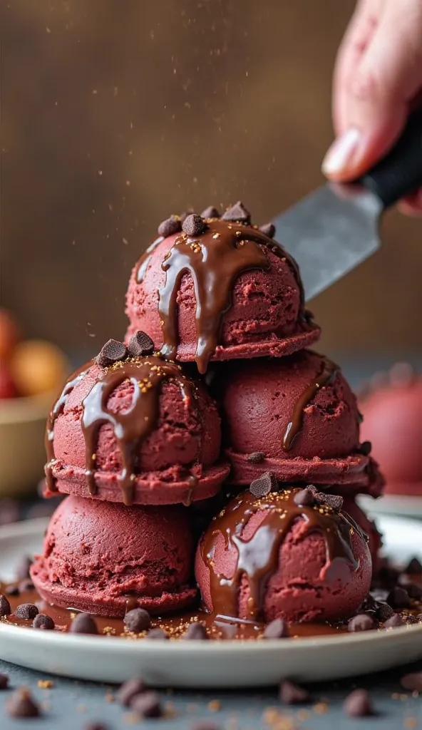 "A close-up shot of multiple scoops of rich, creamy  red chocolate ice cream stacked on a plate, drizzled with glossy chocolate syrup and sprinkled with tiny chocolate chips. A hand is holding a sharp knife or ice cream scooper,one side  cutting through th...