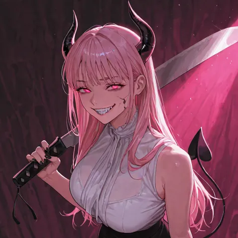 1 woman, mature female, mature face, sharp looks, sharp face, long light pink hair with bangs, the eyes are hot pink, a white sleeveless blouse with a deep neckline, black demon horns, black demon tail, with a super big smile on her face showing her pointy...