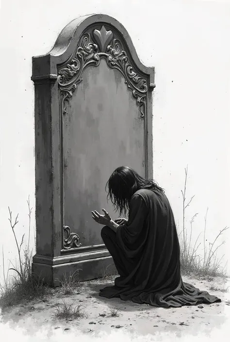 A sketch drawing of someone crying in a large grave 