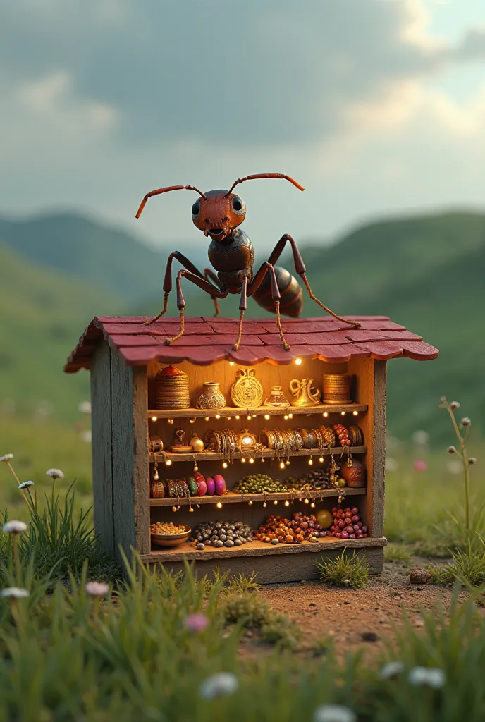 an ant with a jewelry store. The store has a red roof and is full of various items.,  as necklaces , rings, colored bracelets and beads. The store is illuminated with small lights, which highlights the details of the jewels. Around the store . The scene ta...