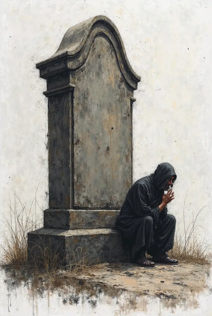 A sketch drawing of someone crying in a large grave 