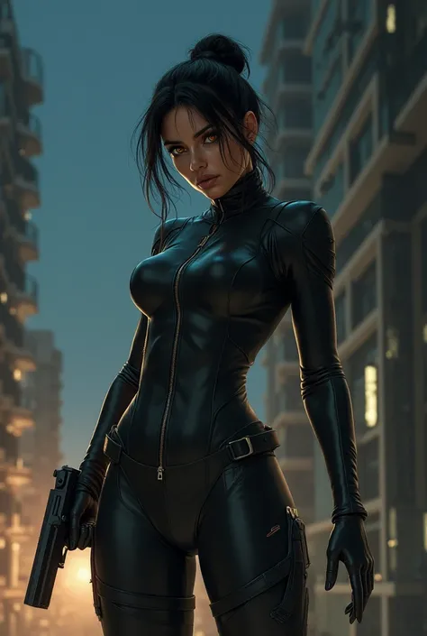 woman of Arab origin, bold look, yellowish eyes,  black hair tied, Wearing a close-fitting spy outfit, holding with both hands a pistol with a silencer and a knife in the leg support, The night above the building realistic image
