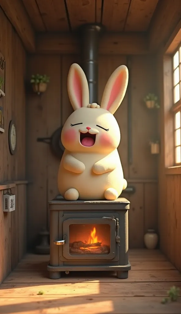 The bun sits on the stove in the hut with his thin legs hanging down, thin arms are lowered down, the bun yawns, quality 4k