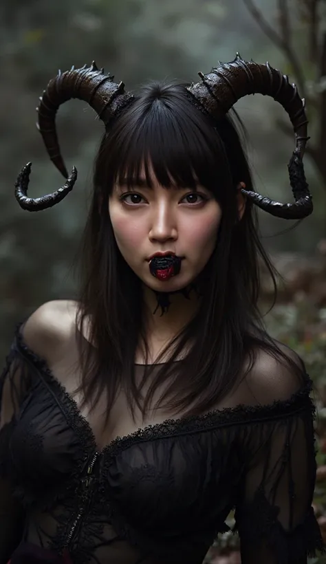 Fuka Koshiba, got rid of horns like succubus, seductive expression, sexy gaze,Cum in mouth after fellatio, mouth that was half removed,Nudity without a single line while still being born,dances bewitchingly in the dusk,4K realistic realism,Gothic vibe ,fin...