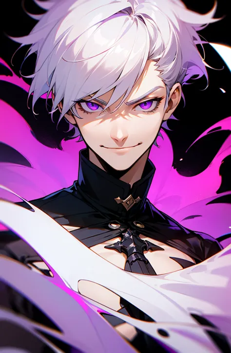 A man, solo, gantleman, black background, white hair, short hair, purple eyes, badass, smirk