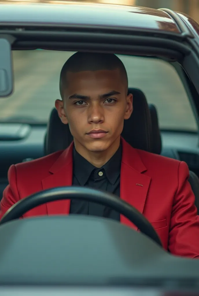 A image of a 19-year-old bald-shaven young boy wearing a black shirt and a red blazer, driving a 2007 Mercedes S-Class with tinted windows on a street in Skopje.

