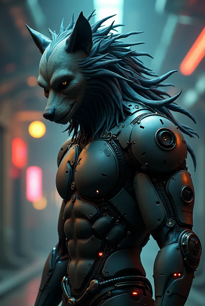 Human head with the body of a cyberpunk werewolf 