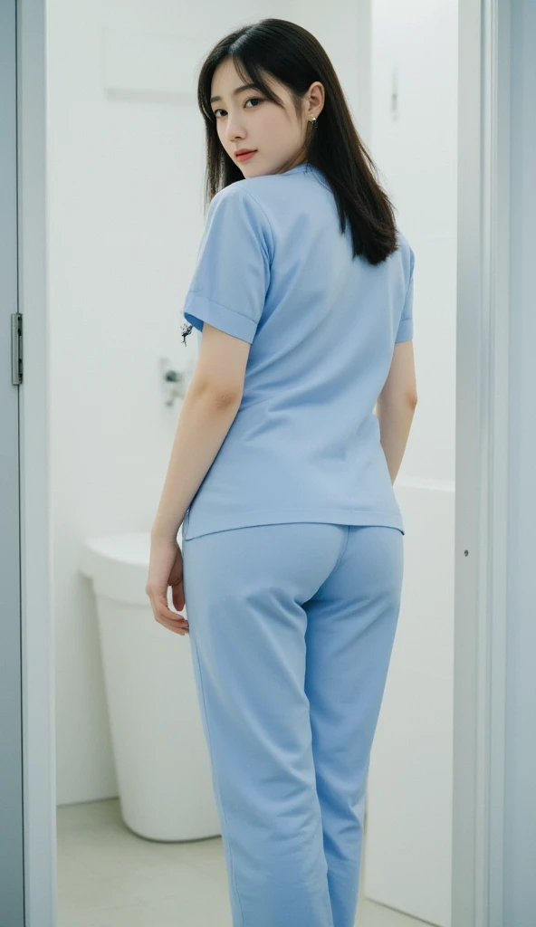 Japanese woman、full body、Nurse、scrubs 、real skin、 body line、Show your hips Look back、changing room