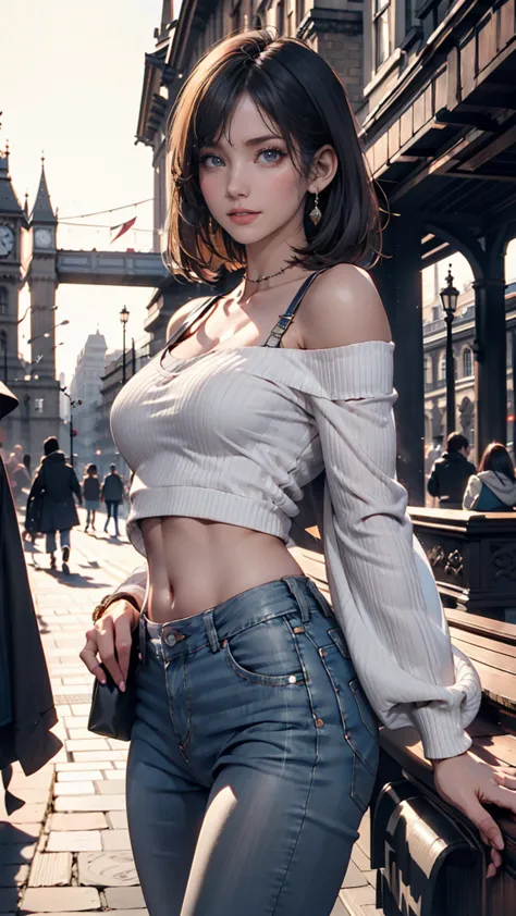 Top Quality, masterpiece, high image quality, 1 girl,  beautiful and perfect face, bob cut with skindent、 Midriff Length Off-the-Shoulder Tops(midriff length off-shoulder top that fits over London Bridge)、complicated details,  cinematic atmosphere , 8k, ve...