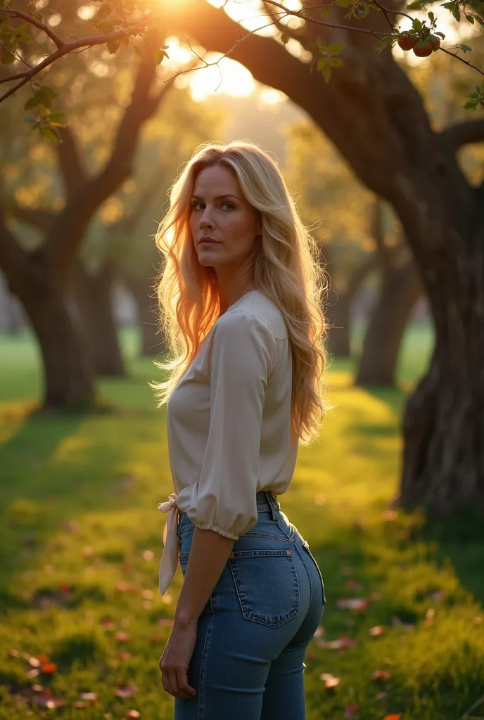 A hyper-realistic cinematic close up portrait of **blonde rakers in a garden full of old apple trees**, bathed in warm, dramatic light. She wears a **form-fitting blouse and well-fitted jeans**, combining fashion with practicality. Her golden hair cascades...