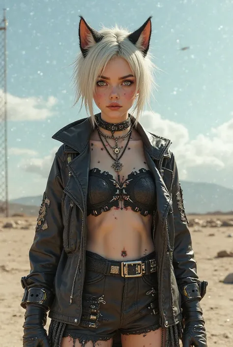 Androgyic woman in a punk outfit, in spacious, short wolf hair, medium chest 